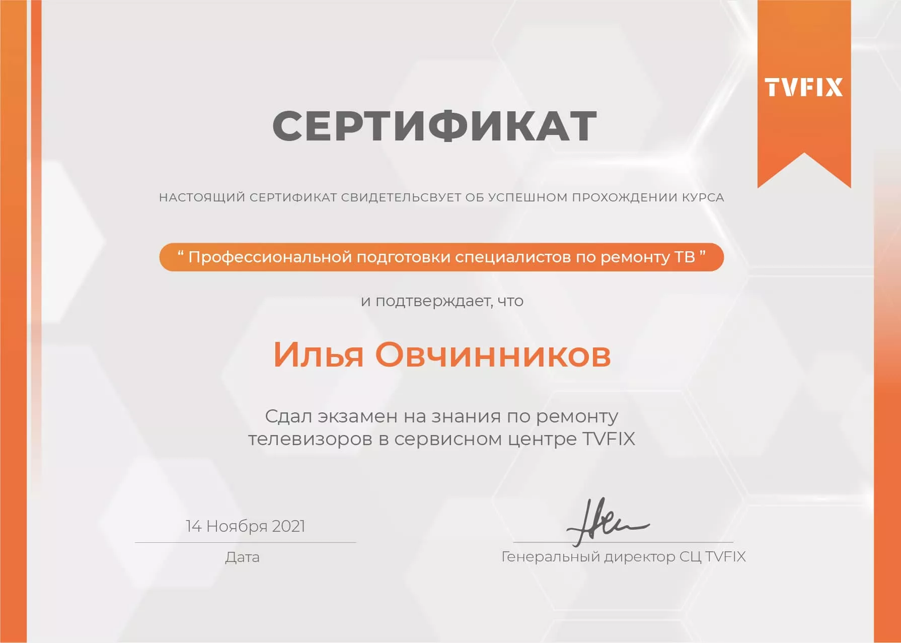 Илья Зайцев сертификат телемастера